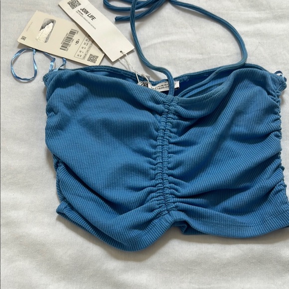 NWT- Zara Ruched Blue Halter Top - Picture 2 of 4